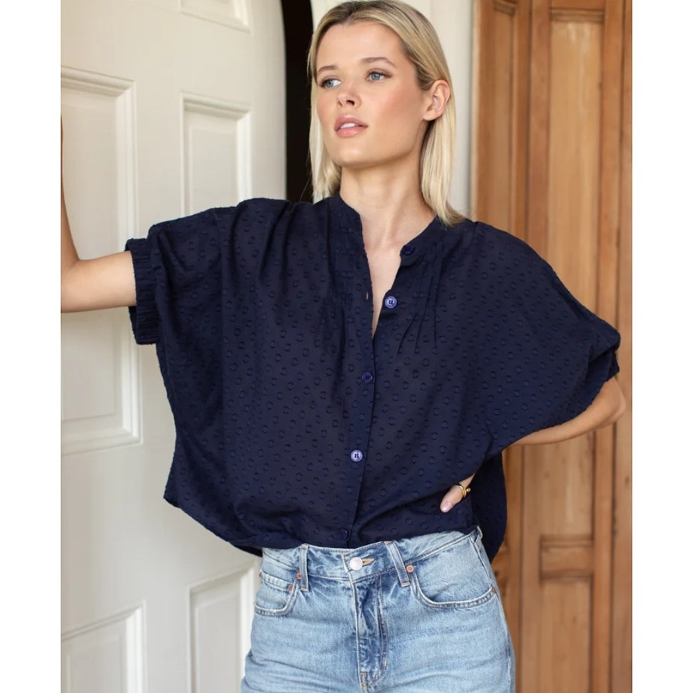 Emerson Fry India Collection Navy Blue Mandarin Collar Top Maritime Swiss Dot OS
